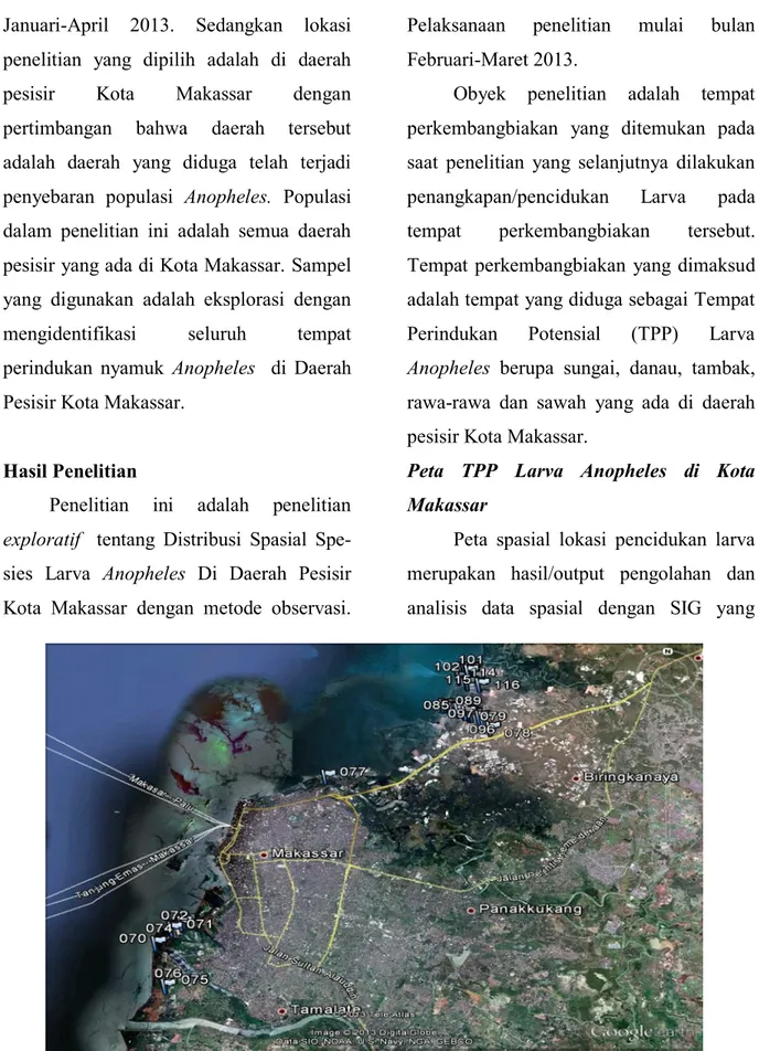 Gambar 1. Peta distribusi TPP Larva Anopheles pada tempat perkembangbiakan di Daerah  Pesisir Kota Makassar Tahun 2013 