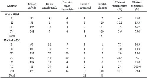 Tabel 1.  Ringkasan kegiatan transformasi pC1301H Oshox6 pada kultivar Batutegi dan Kasalth