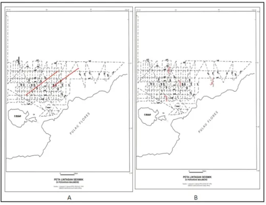 Gambar 7. Korelasi antar lintasan indikasi struktur geologi  (A)   dan  korelasi antar lintasan indikasi  longsor dasar laut (B) 