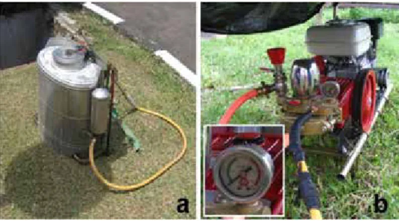 Gambar 9.  Alat semprot pestisida : (a) penyemprot punggung  dan (b) power sprayer. Insert : alat pengukur tekanan  semprot (manometer) pada power sprayer (Foto :  Tonny K