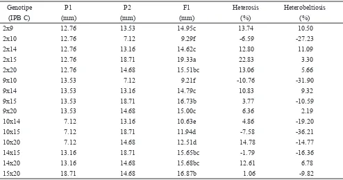 Tabel 4. Nilai rata-rata diameter buah P1, P2, dan F1 serta nilai heterosis dan heterobeltiosis