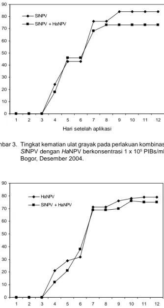 Gambar 3. Tingkat kematian ulat grayak pada perlakuan kombinasi SlNPV dengan HaNPV berkonsentrasi 1 x 10 5  PIBs/ml.