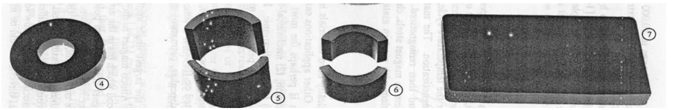 Gambar 2.7. A. Magnet loudspeaker  keramik, B dan C. Motor listrik kecil, D.  Taconite iron core (Cullity, 1972)  