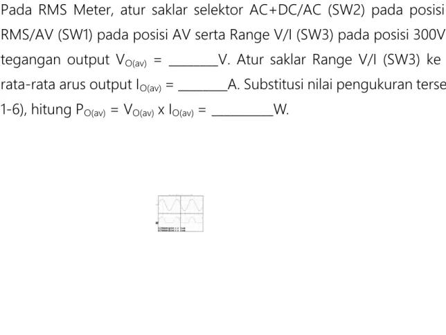 Gambar  2-1-5  Pengukuran  bentuk  gelombang tegangan  input  (CH1)  dan  tegangan beban  (CH2)  dari penyearah  setengah  gelombang  satu  fasa  dengan beban tahanan murni.