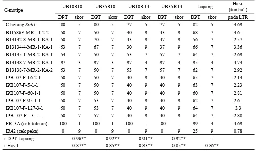 Tabel 2. Rata-rata persentase daya pulih tanaman (DPT) padi sesudah cekaman rendaman pada empat sub-percobaan di rumah kaca dan lapangan dan rata-rata hasil gabah di dua musim tanam pada lingkungan tercekam rendaman