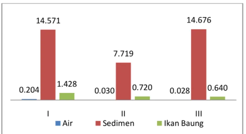 Gambar  4.  Grafik  rata-rata  kandungan  Zn  (ppm)  di  air,  sedimen  dan  ikan  baung  setiap  titik  lokasi pengambilan sampel pada bulan April 2012