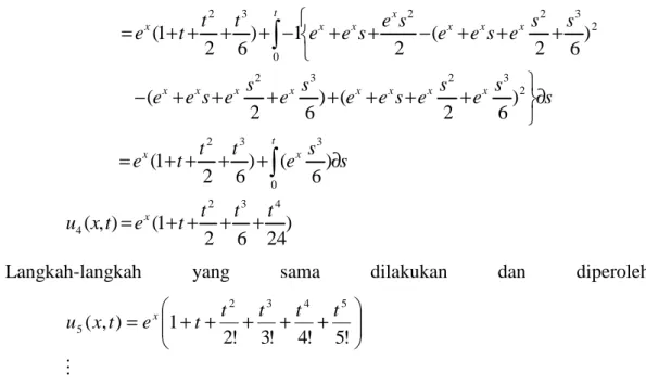 Grafik  (4.1)  menunjukkan  bahwa  akurasi  penyelesaian  u ( t x , ) yang  diperoleh  dengan  menggunakan  metode  iterasi  variasi  untuk  beberapa  iterasi  terhadap  penyelesaian  eksak  persamaan  diferenesial  parabolik  nonlinier  di 