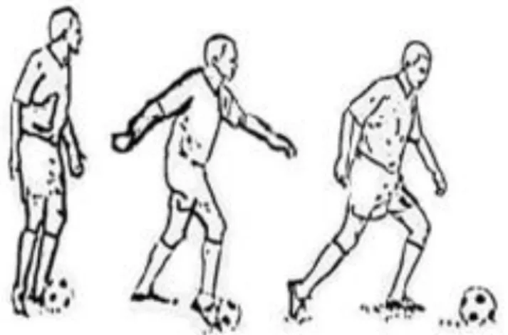 Gambar 10. Menggiring Bola Menggunakan Kaki Bagian Dalam  (Sumber: Sucipto, dkk., 2000: 29) 
