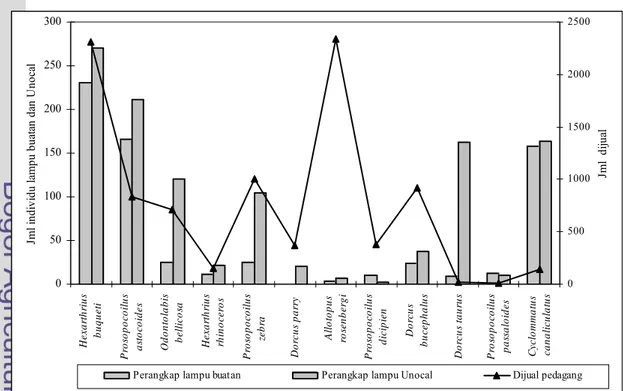 Tabel 5.2   Kelimpahan spesies kumbang lucanid yang ditemukan dengan tiga  teknik pengambilan sampel (perangkap lampu buatan, perangkap  lampu Unocal dan dijual pedagang)  selama satu tahun di hutan  Gunung Salak 