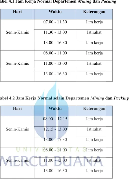Tabel 4.2 Jam Kerja Normal selain Departemen  Mining dan Packing 