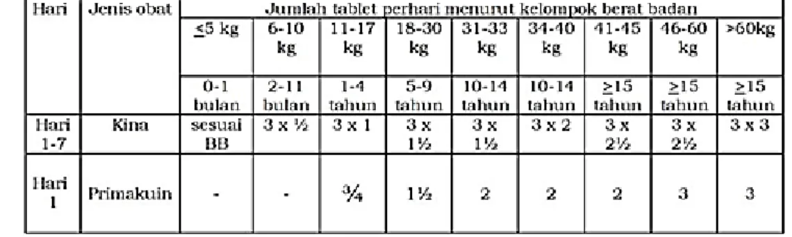 Tabel 5. Pengobatan Lini Kedua untuk Malaria falsiparum (obat kombinasi Kina dan Doksisiklin) Atau 