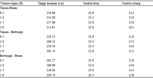Tabel 3. Umur berbunga, jumlah bunga jantan, bunga betina dan bunga hermaprodit tanaman melon pada berbagai volume irigasi pada umur 7 MST