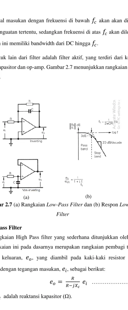 Gambar 2.7 (a) Rangkaian Low-Pass Filter dan (b) Respon Low-Pass  Filter 