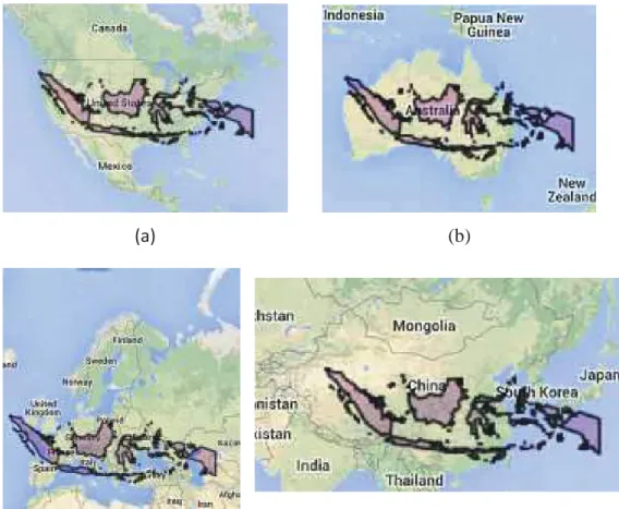 Gambar 1.16. Perbandingan wilayah Indonesia dengan wilayah lainnya: (a) Indonesia  dengan Amerika Serikat; (b) Indonesia dengan Australia  (c) Indonesia dengan Eropa (d)  Indonesia dengan China