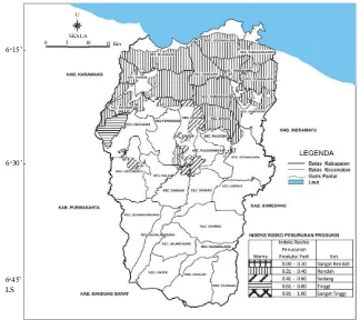 Gambar 8.  Peta distribusi kecamatan yang memiliki risiko penurunan produksi padi di Kabupaten Subang