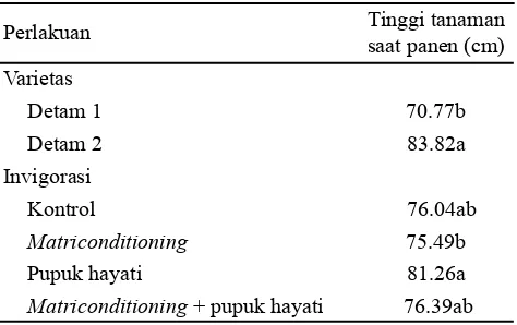 Tabel 2.  Pengaruh varietas dan perlakuan invigorasi terhadap tinggi tanaman saat panen