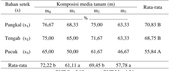 Tabel  2.  Persentase  Setek  Tumbuh  oleander  akibat  pengaruh  bahan  setek  dan  komposisi media tanam 