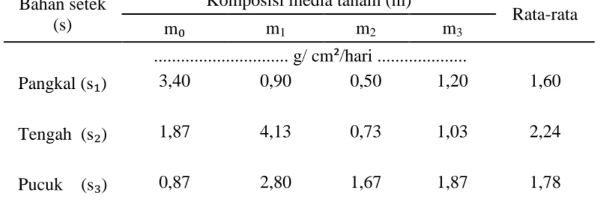 Tabel 9.  Laju Asimilasi Bersih rata-rata (LAB)  45-52  hst  oleander akibat pengaruh    bahan setek dan komposisi media tanam 