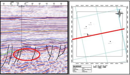 Gambar 3. Penampang seismik berarah Barat – Timur   (lingkaran merah menunjukan zona potensi fracture) 