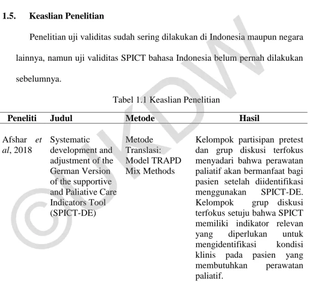 Tabel 1.1 Keaslian Penelitian 