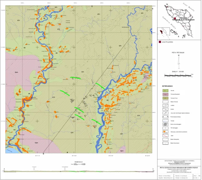 Gambar 2: Peta Geologi dan Sebaran Bitumen Padat daerah Meulaboh, Aceh Bara