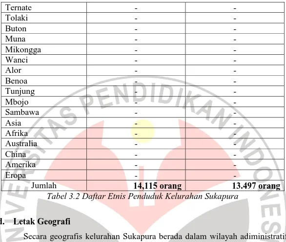Tabel 3.2 Daftar Etnis Penduduk Kelurahan Sukapura  d.  Letak Geografi 