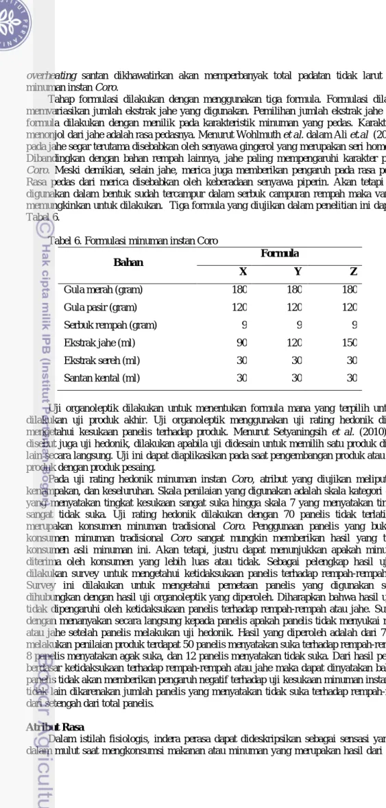 Tabel 6. Formulasi minuman instan Coro 