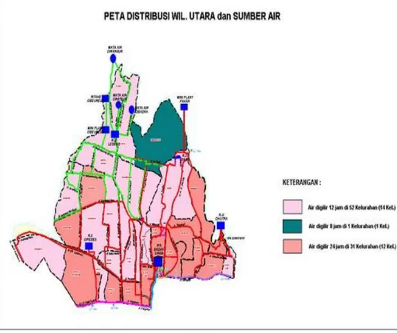Gambar di atas adalah peta sumber air  dan peta distribusi air PDAM  Tirtawening Kota Bandung untuk wilayah Kota Bandung bagian Timur  