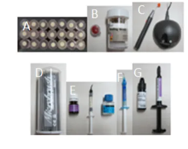 Figure 1. Tools and Material Research. A) 21 porcelain speciments; B) pumice powder and low speed brush; C) light cured; D) microbrush; E) silane coupling agents; F) etsa (37% phosphoric acid); G) bonding material.