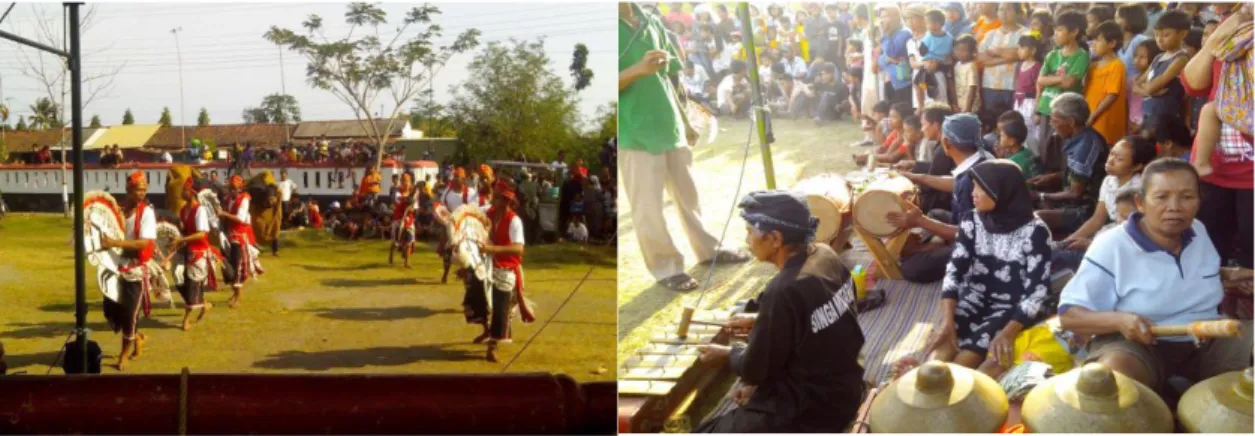 Gambar 3. Foto Penari Ebleg Singa Mataram (kiri),   Foto Penabuh Ebleg Singa Mataram (kanan) 