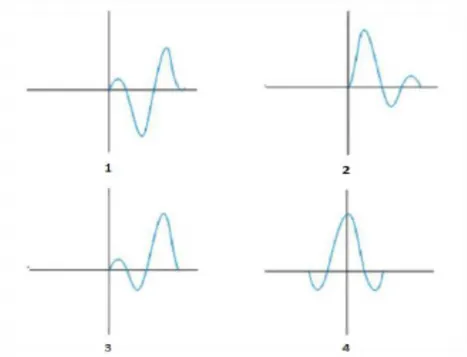 Gambar 3.4 Jenis-jenis wavelet berdasarkan konsentrasi energinya, yaitu mixed  phase  wavelet  (1),  minimum  phase  wavelet  (2),  maximum  phase  wavelet (3), dan zero phase wavelet (4), (Sismanto, 2006)