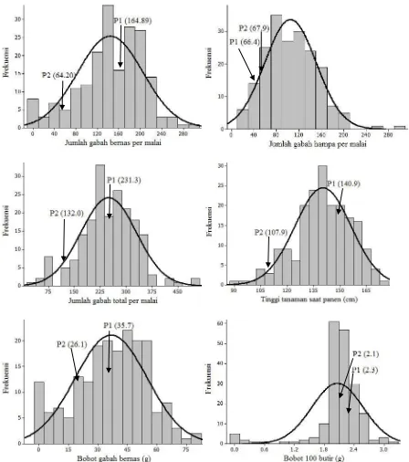 Gambar 2.  Pola sebaran karakter agronomi populasi F2 hasil persilangan antara padi IPB 4S dan Situ Patenggang          