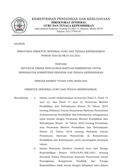 PERATURAN DIREKTUR JENDERAL GURU DAN TENAGA KEPENDIDIKAN NOMOR 3554/B ...