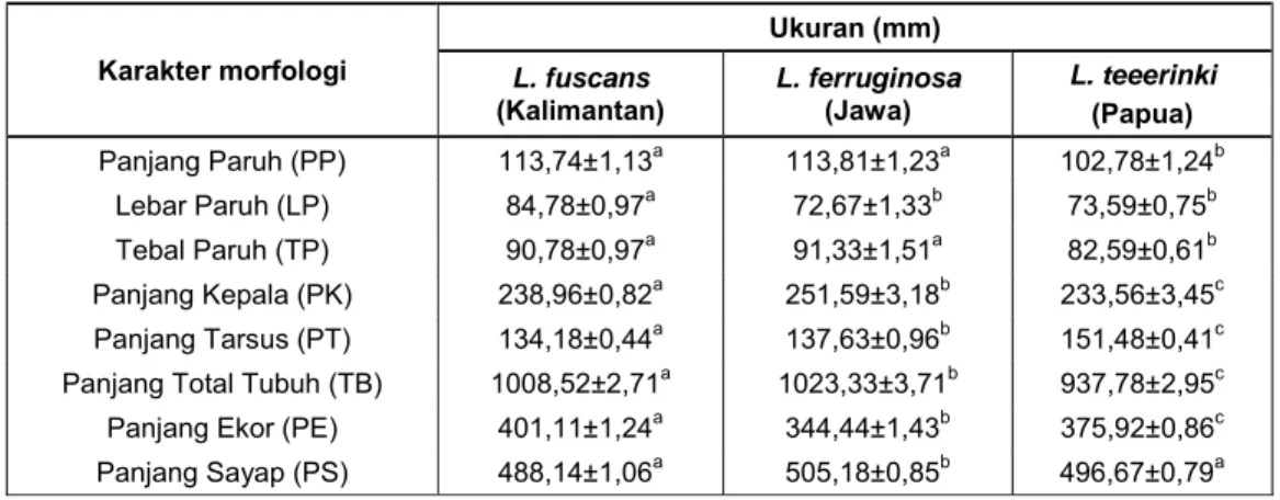 Tabel 4.Ragam ukuran morfometrik pada tiga spesies Lonchura endemik  Karakter morfologi  Ukuran (mm)  L