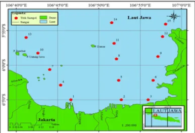 Gambar 1. Peta lokasi penelitian dan titik pengamatan di perairan Teluk Jakarta