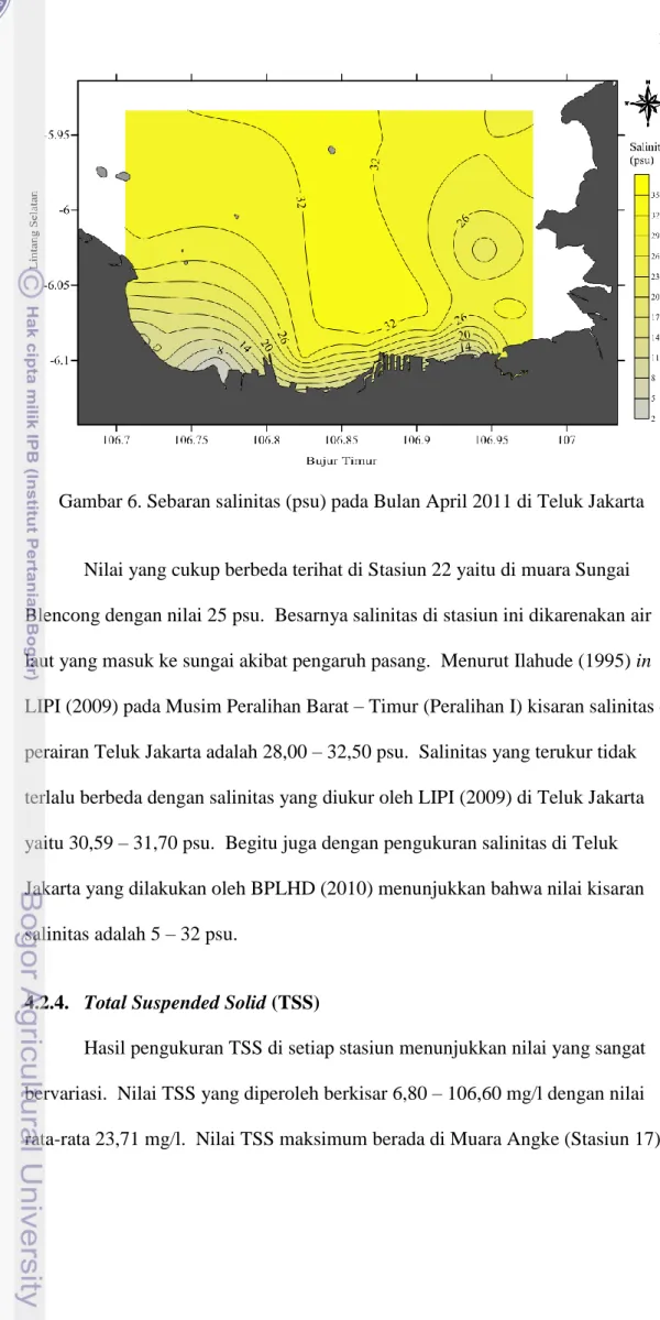 Gambar 6. Sebaran salinitas (psu) pada Bulan April 2011 di Teluk Jakarta 