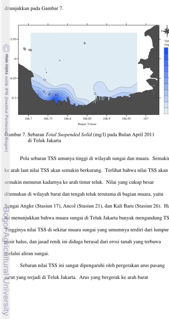 Gambar 7. Sebaran Total Suspended Solid (mg/l) pada Bulan April 2011   di Teluk Jakarta   