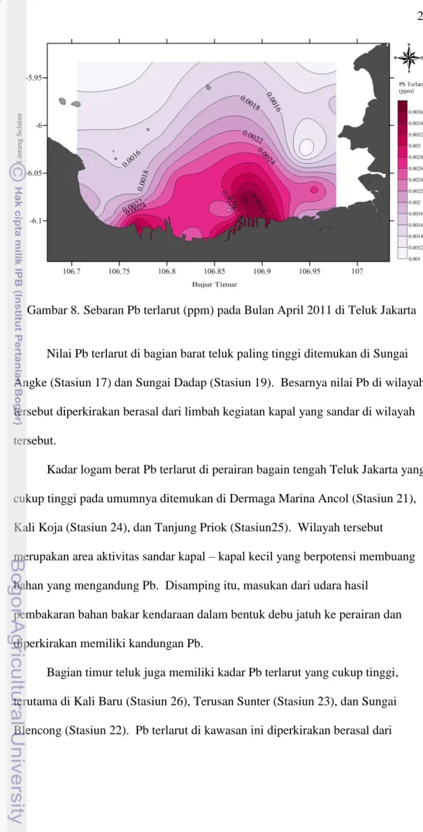 Gambar 8.  Sebaran Pb terlarut (ppm) pada Bulan April 2011 di Teluk Jakarta    