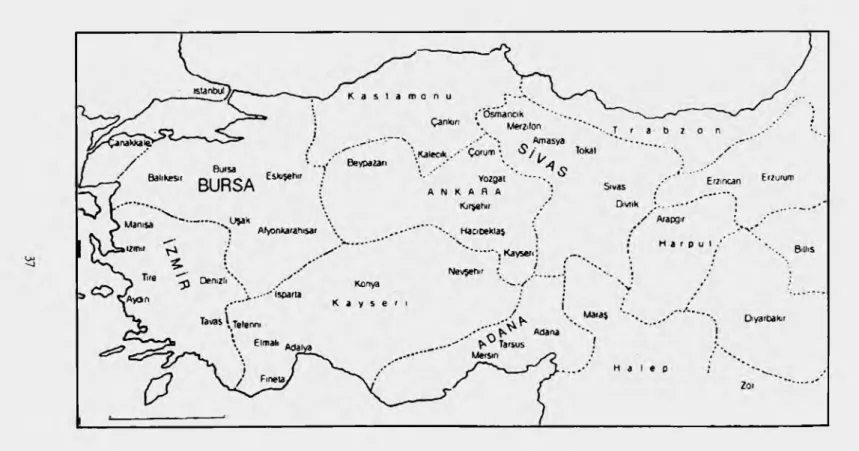 Şekil -1  Bektaşîlerin Anadolu'daki Dağılım ını  gösterir Harita Krokisi