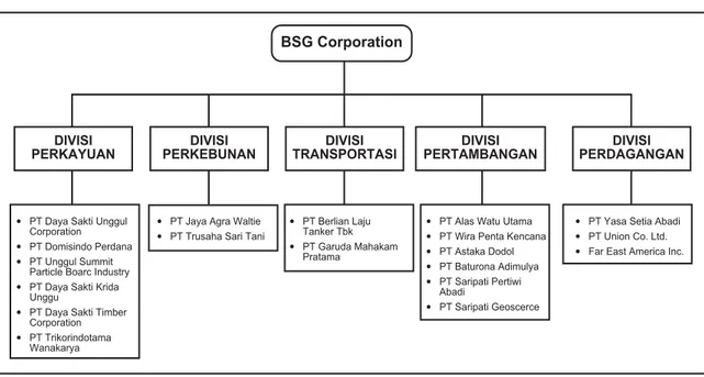 Diagram berikut memperlihatkan perusahaan-perusahaan yang tergabung dalam BSG Corporation: