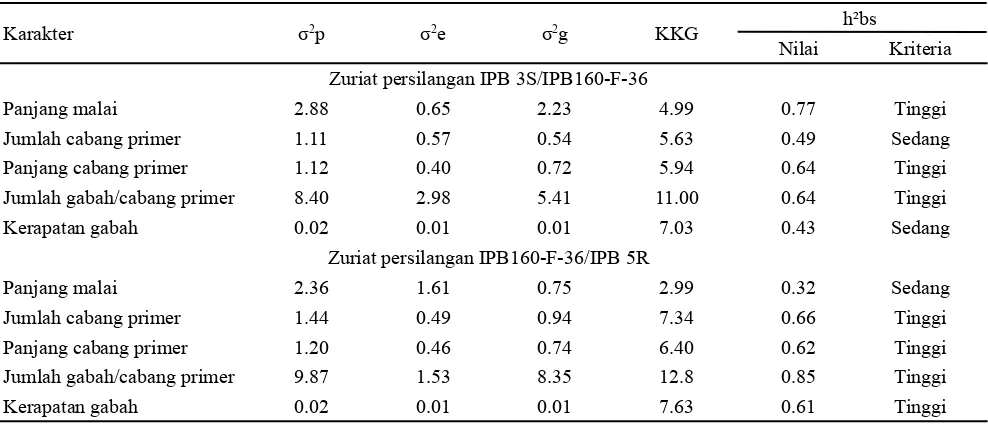 Tabel 2.  Parameter genetik arsitektur malai padi zuriat persilangan IPB 3S/IPB60-F-36 dan IPB60-F-36/IPB 5R