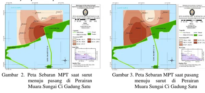 Gambar  2.  Peta  Sebaran  MPT  saat  surut  menuju  pasang  di  Perairan  Muara Sungai Ci Gadung Satu 