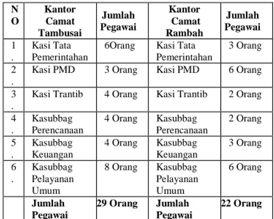 Tabel  1.1Jumlah  pegawai  dan  pembagian  kerja  pegawai  di  kantor  Camat  Tambusai  dan  kantor  Camat  Rambah 