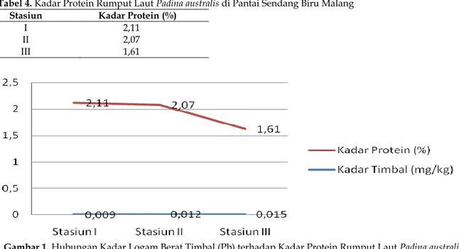 Tabel 4. Kadar Protein Rumput Laut Padina australis di Pantai Sendang Biru Malang  Stasiun       Kadar Protein (%) 