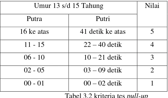 Tabel 3.2 kriteria tes pull-up 