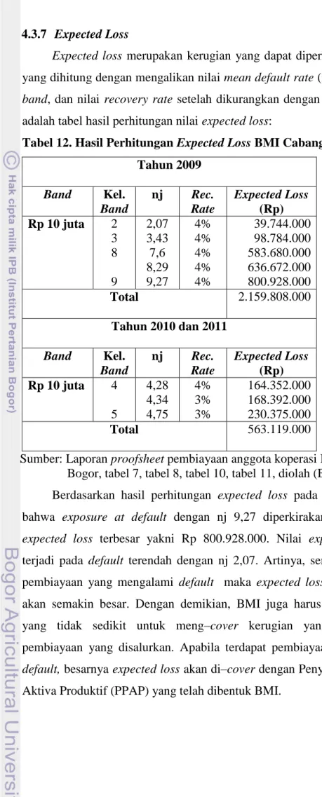 Tabel 12. Hasil Perhitungan Expected Loss BMI Cabang Bogor  Tahun 2009  Band  Kel.  Band  nj  Rec