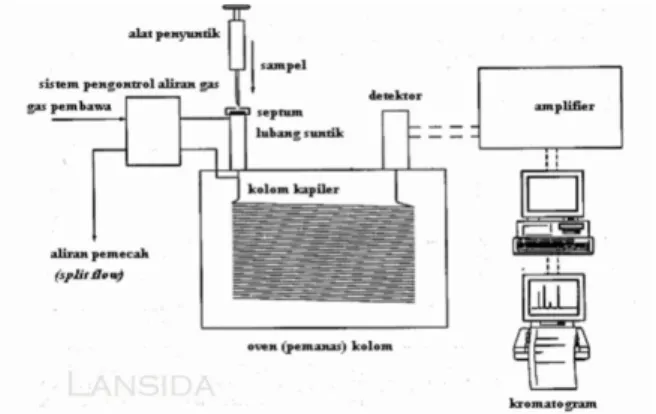 Gambar 1. Kromatografi Gas Pemisahan   pada   kromatografi gas didasarkan pada titik didih suatu senyawa   dikurangi   dengan   semua interaksi yang mungkin terjadi antara solute  dengan fase  diam