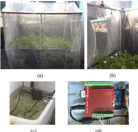 Gambar 5. (a) Greenhouse hidroponik tipe NFT (b) Sensor suhu dan kelembapan greenhouse  (c) Sensor suhu waterproof dan sensor level larutan nutrisi (d) Mikrokontroller dan ethernet 