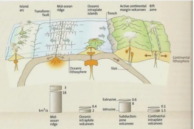 Gambar 1. Lokasi terbentuknya magma dalam konteks tatanan tektonik global  (Schimncke, 2004 dalam Setijadji, 2011) 
