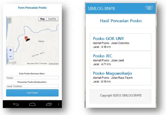 Gambar 4. Tampilan Form Pencarian Pada Halaman Home dan tampilan hasil pencarian  posko